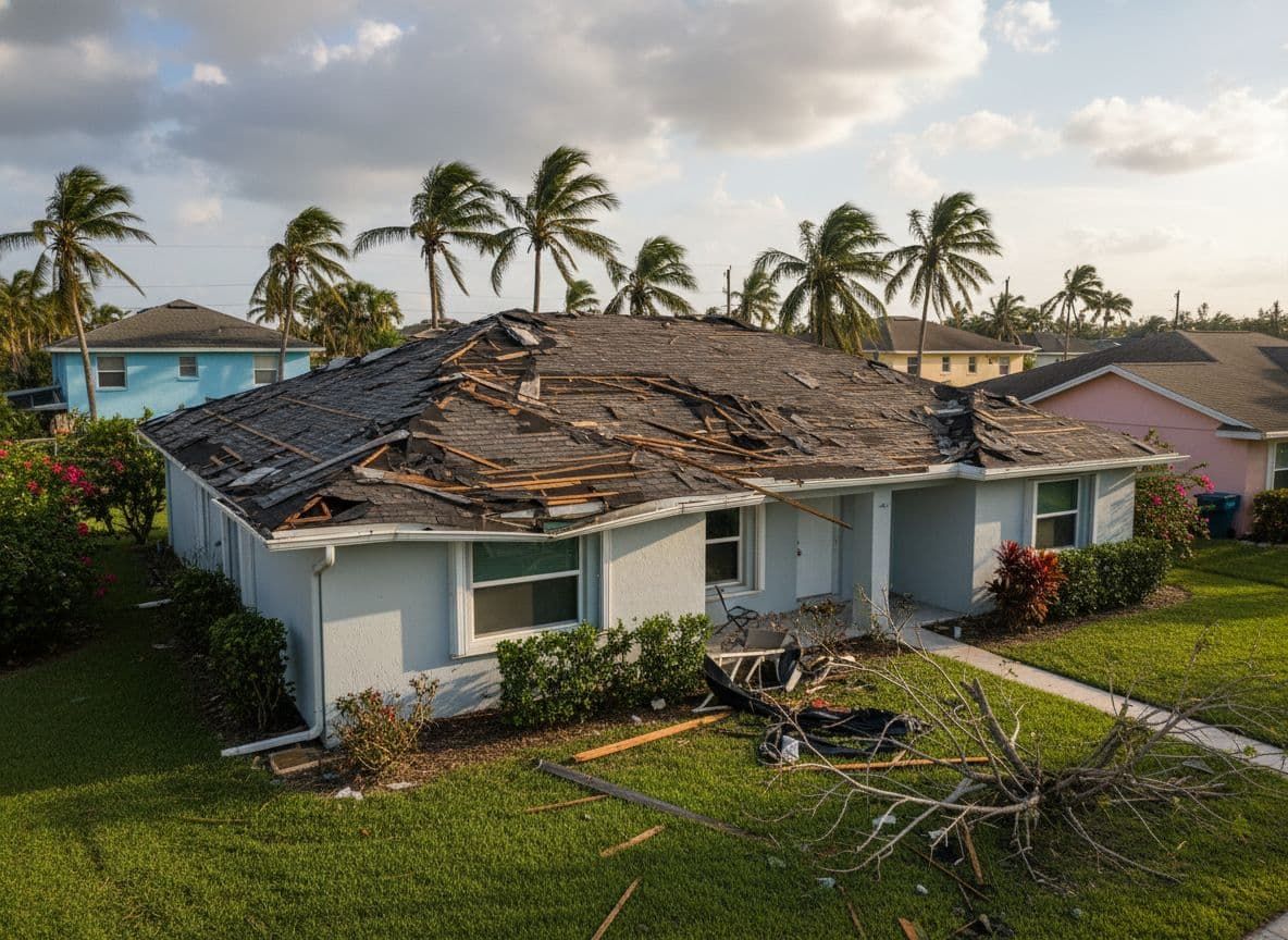 House with brown roof surrounded by trees, blue siding, and a stone walkway.
