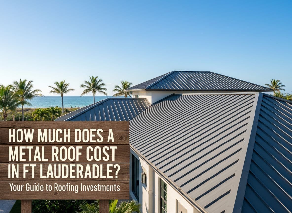 White house with light blue metal roof, lush landscaping, and palm trees.