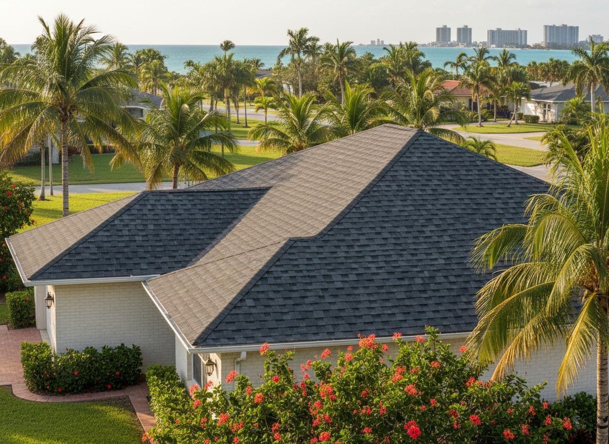 A light-colored house with a tan tile roof, surrounded by greenery, palm trees, and a walkway.