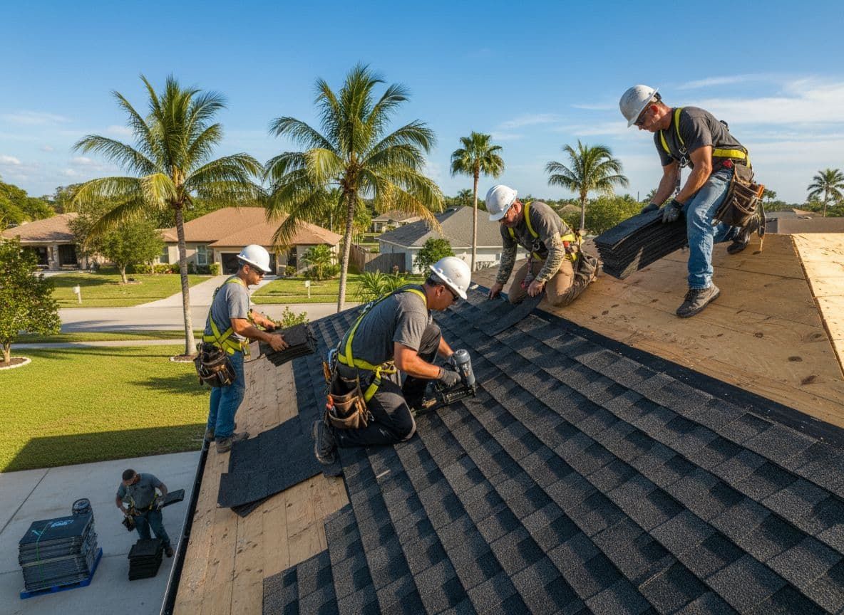 Luxury home with orange tiled roof, pool, and lush greenery, near water.
