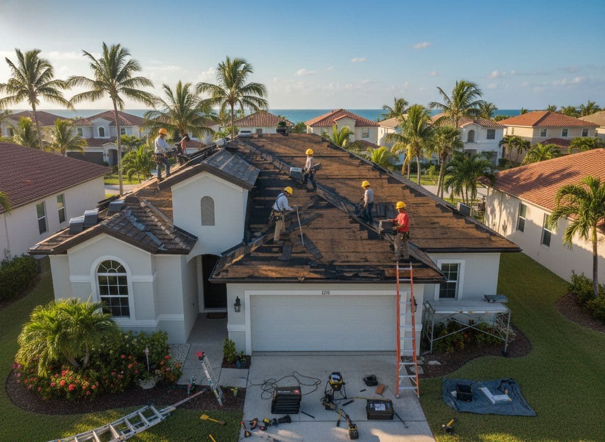 House with orange tile roof, surrounded by lush greenery.