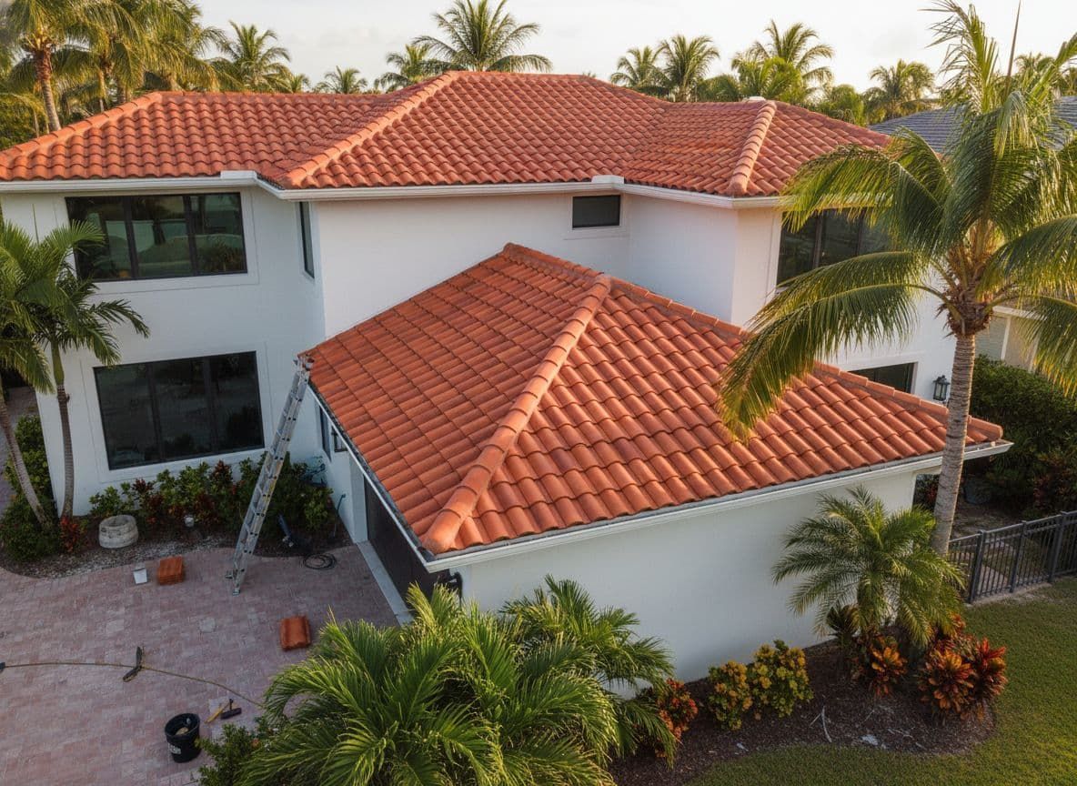 Overhead view of a gray shingled roof on a house with surrounding grass and a glimpse of a pool enclosure.