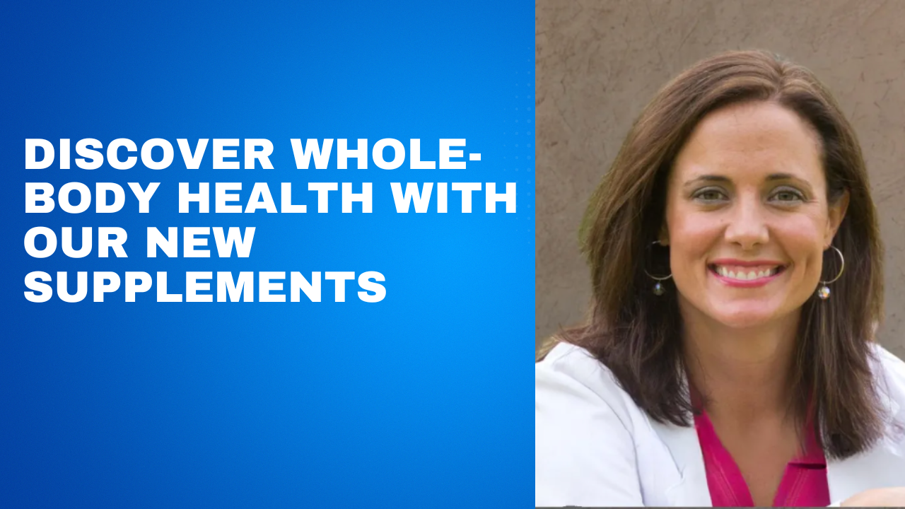 A woman is smiling in front of a blue background that says discover whole body health with our new supplements