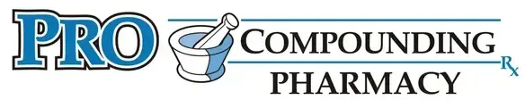 The logo for pro compounding pharmacy is blue and white.