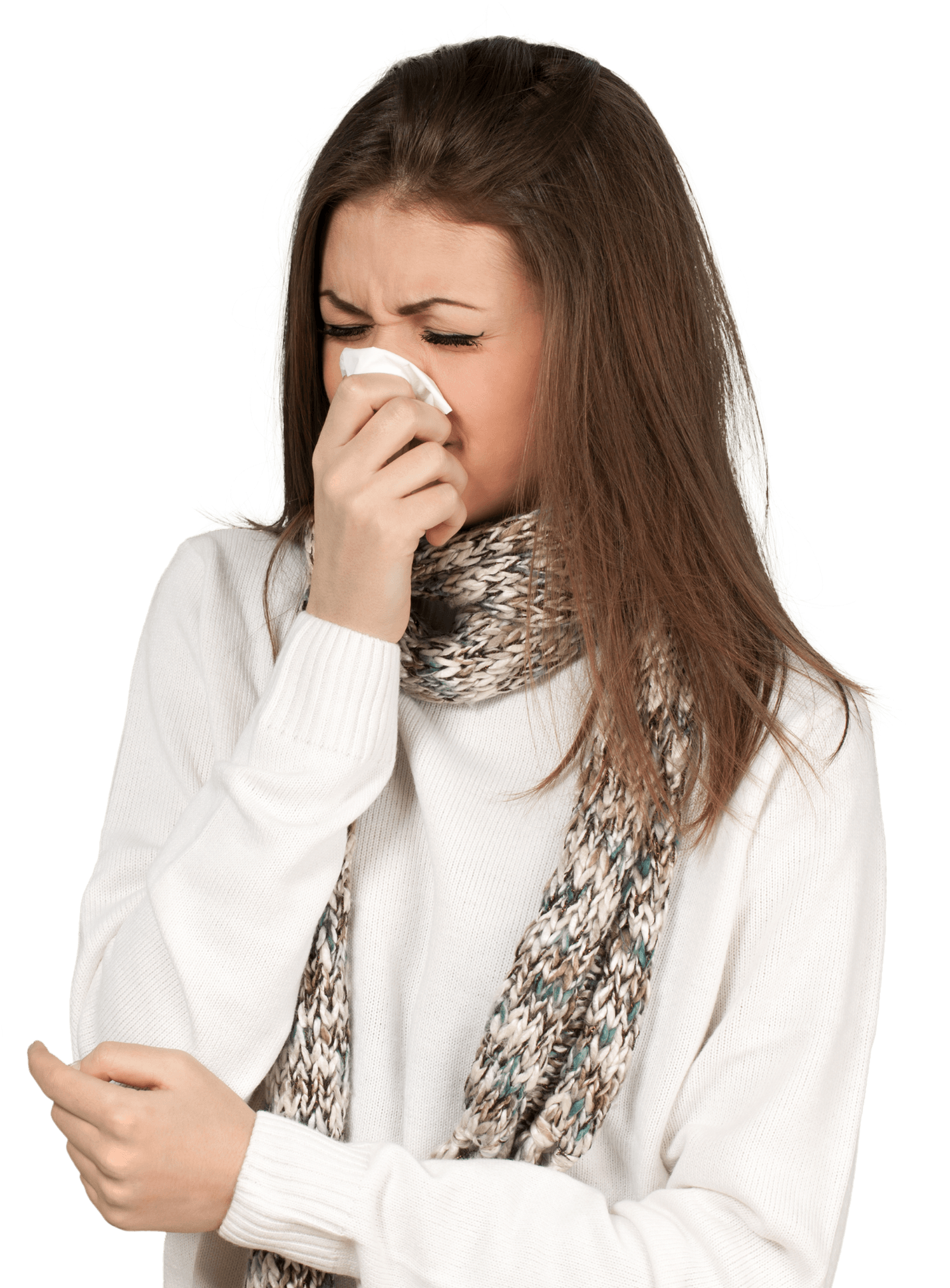 A woman holding tissue to her nose suffers from allergic rhinitis