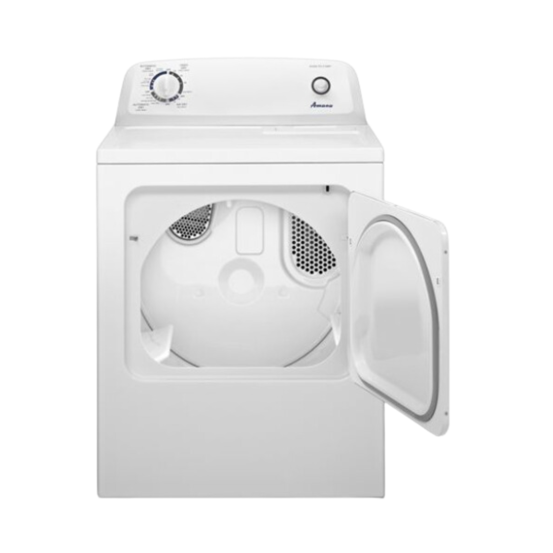 Amana white dryer with the door open