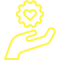 yellow graphic of a hand holding a gear with heart symbol