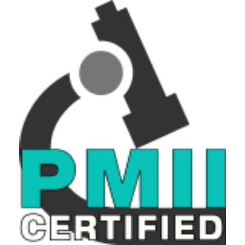 A logo for pmii certified with a microscope in the middle, demonstrating qualifications for Peachtree Corners homeowners.