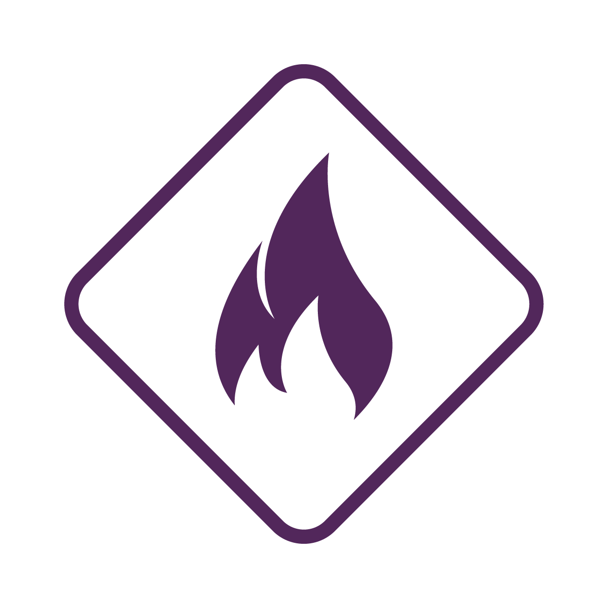 A purple fire icon in a diamond shape on a white background.