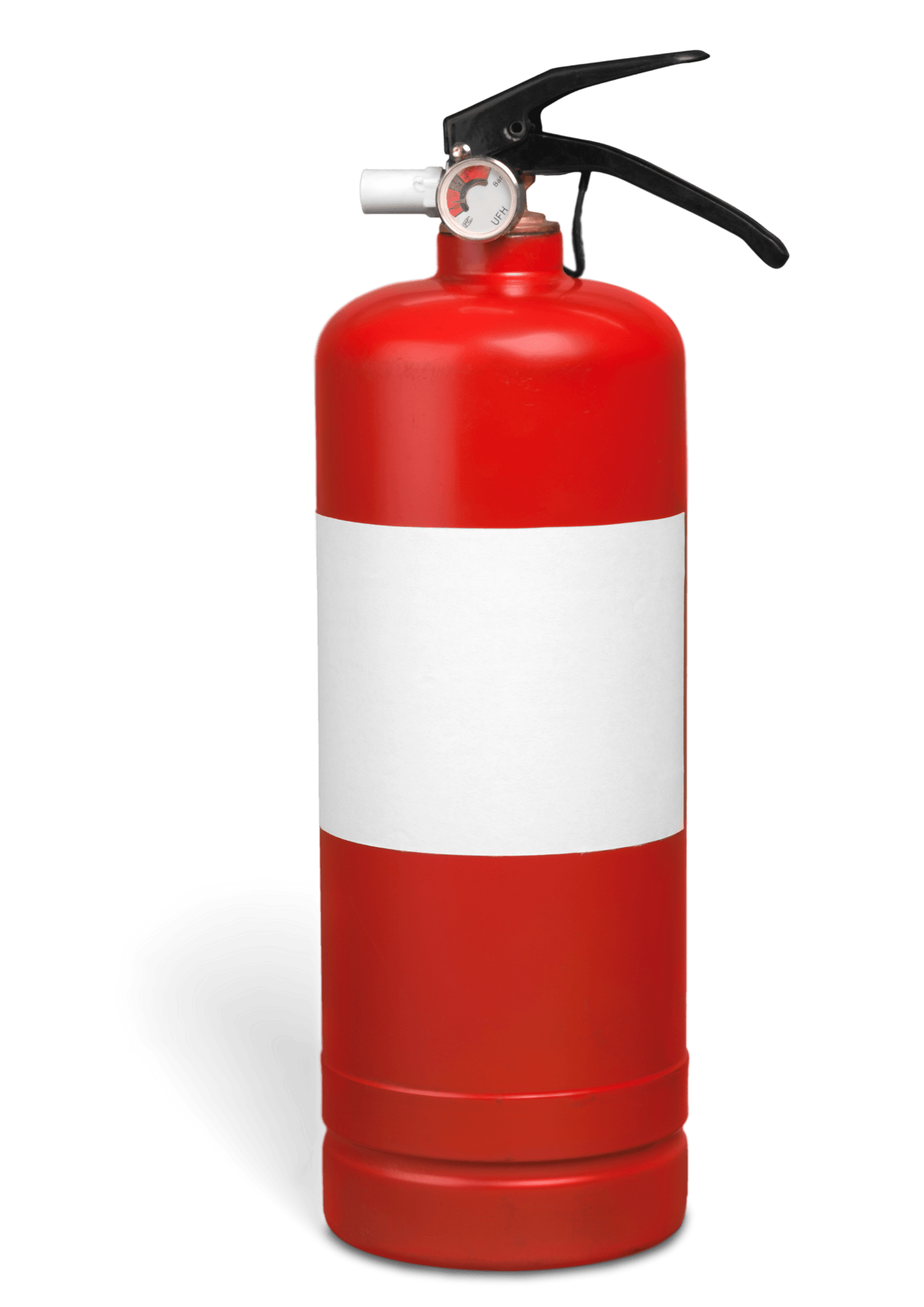 A red and white fire extinguisher