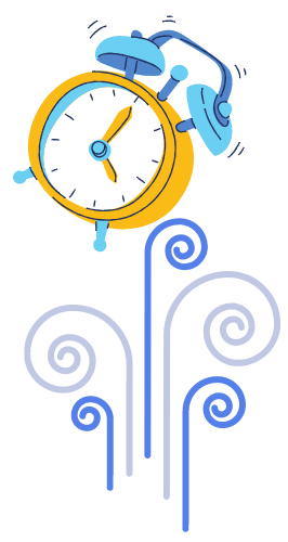 A cartoon illustration of an alarm clock with swirls coming out of it.