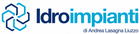 Logo per IdroImpianti con un'icona geometrica blu e bianca su sfondo scuro.