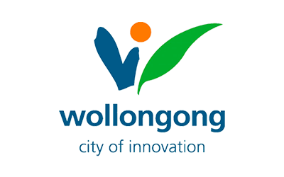 Wollongong City of Innovation logo with blue and green abstract figure and orange dot