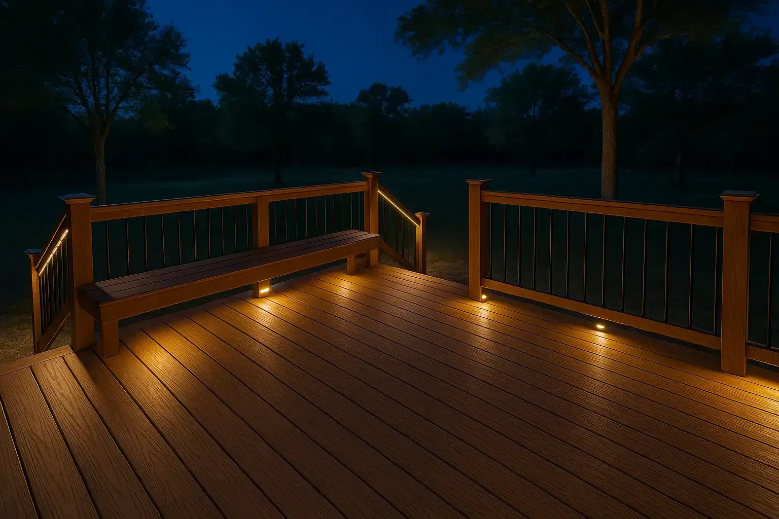 A wooden deck with a bench and lights on it at night.