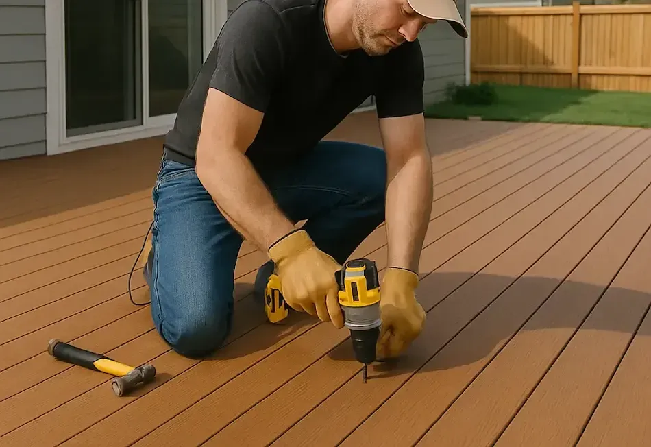 A man is kneeling down on a deck using a drill performing a remodel Temple, TX
