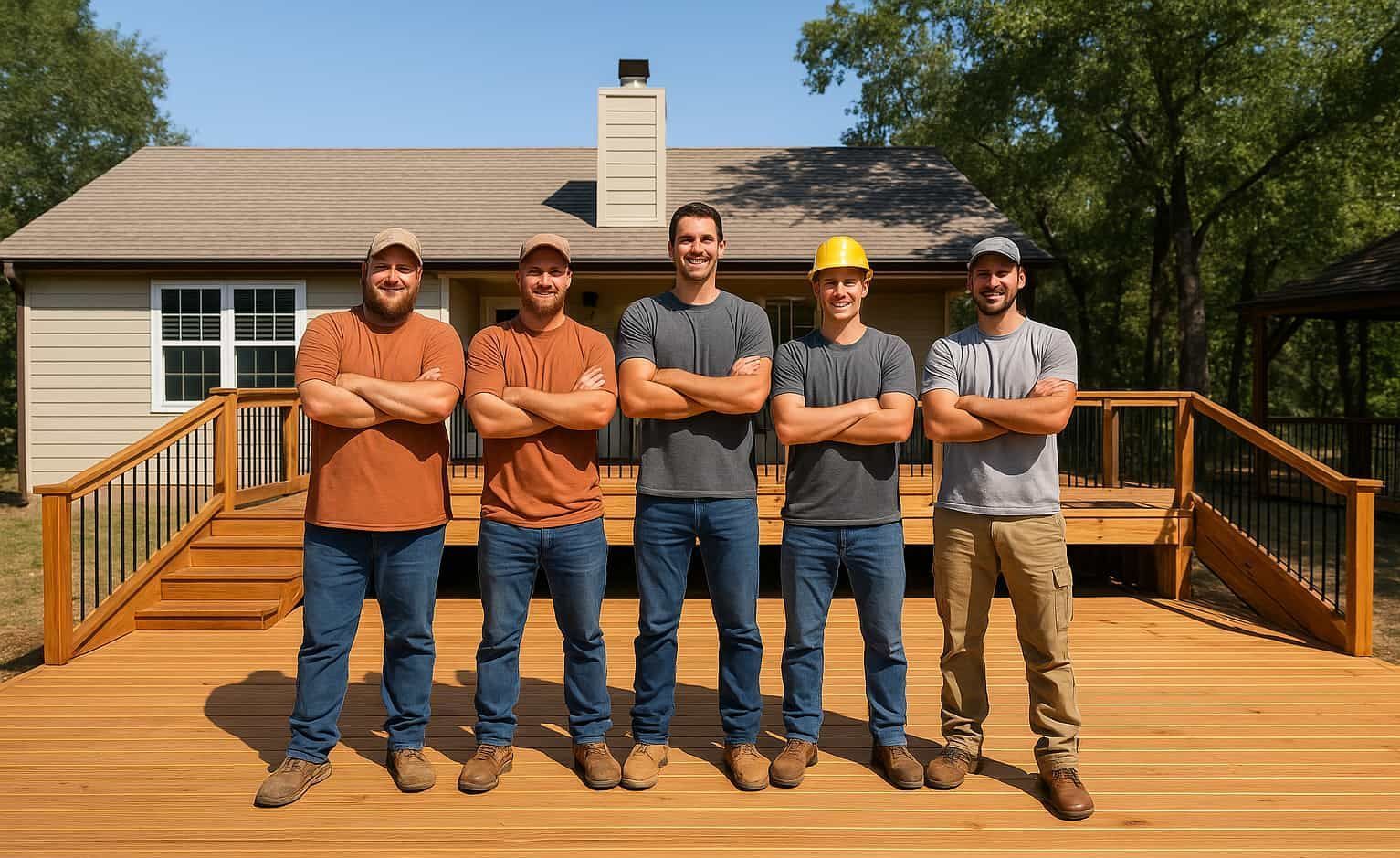 deck contractor team in backyard