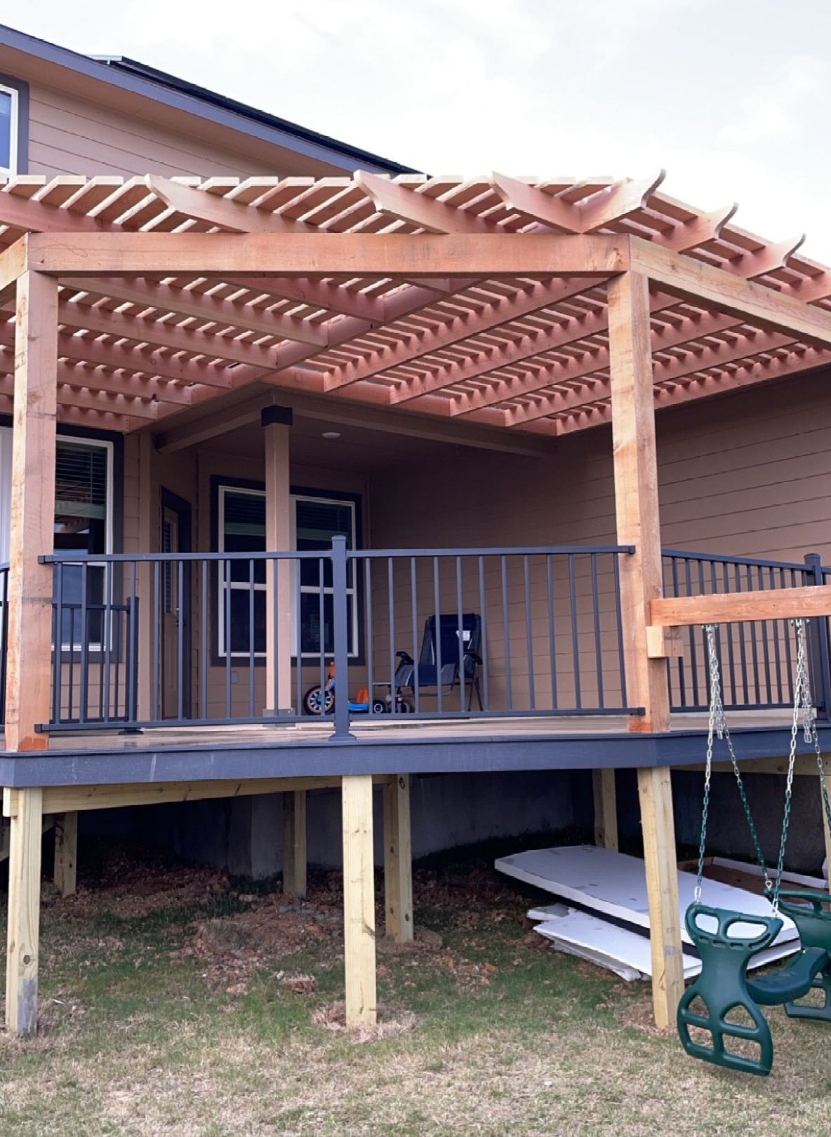 custom deck with large pergola cover