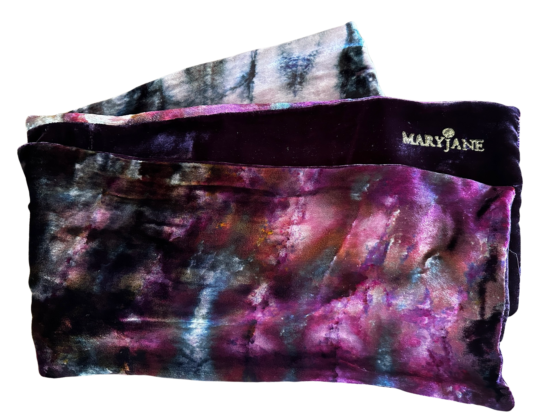 Velvet scarf, tie-dye pattern in shades of purple, blue, and black. 