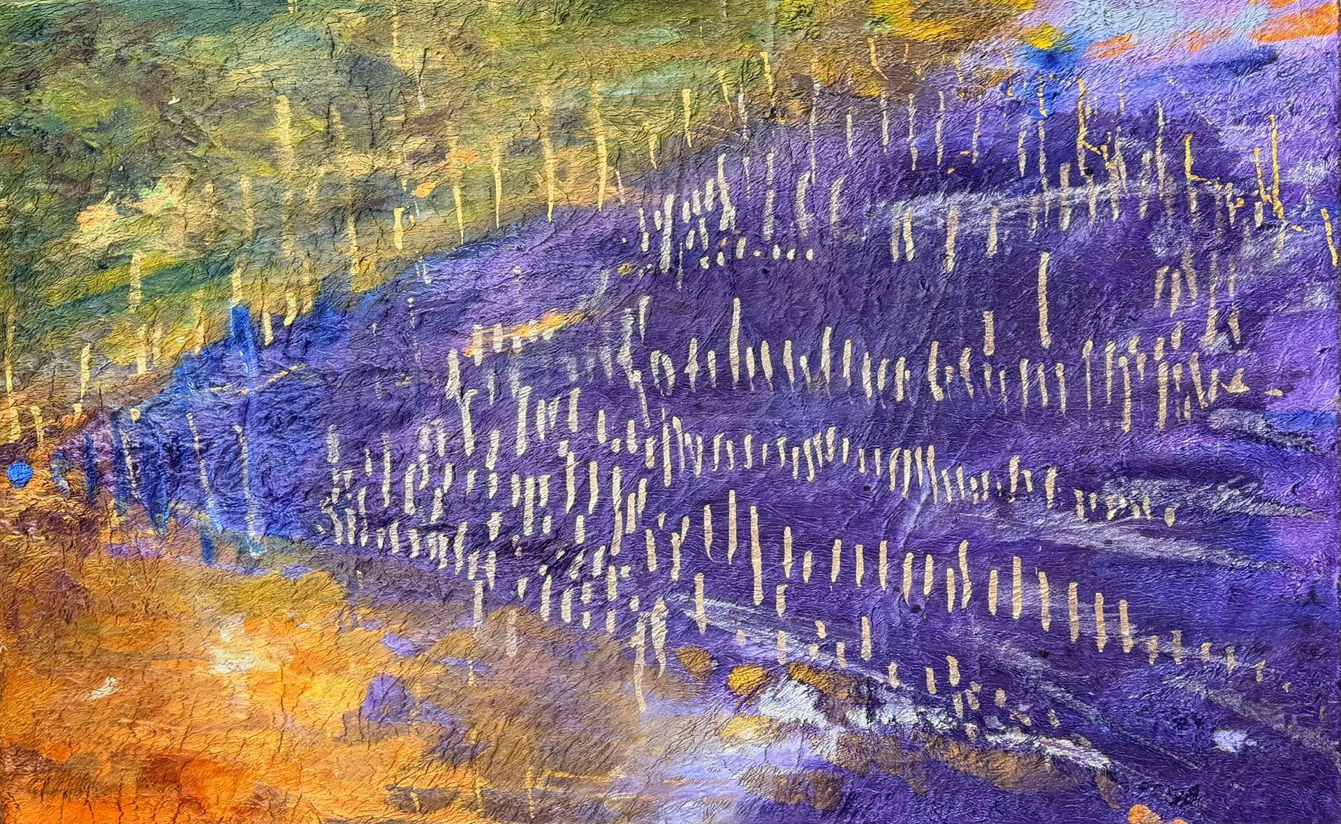 Abstract purple and orange textured landscape with white vertical streaks across the center