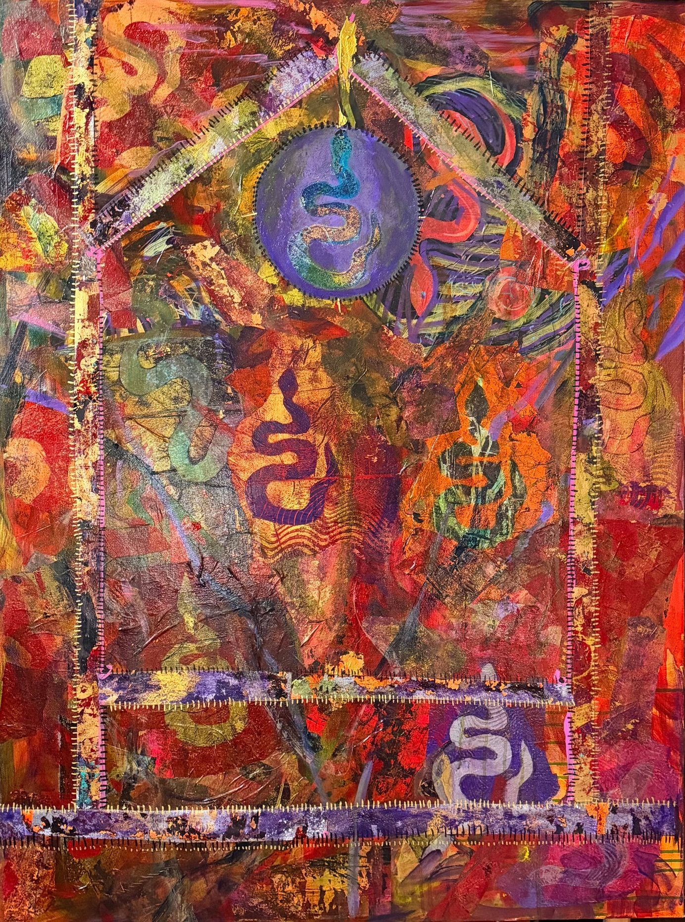 Abstract colorful painting with a central blue circle and layered red, orange, and purple patterns