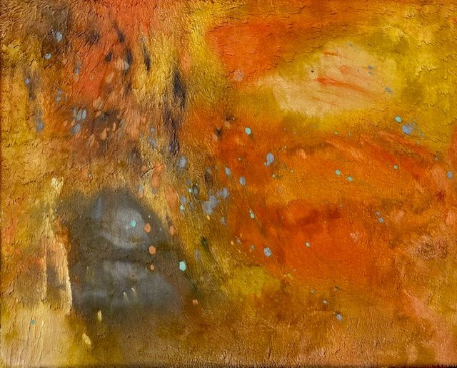 Abstract painting with vibrant colors: orange, pink, blue, and yellow.