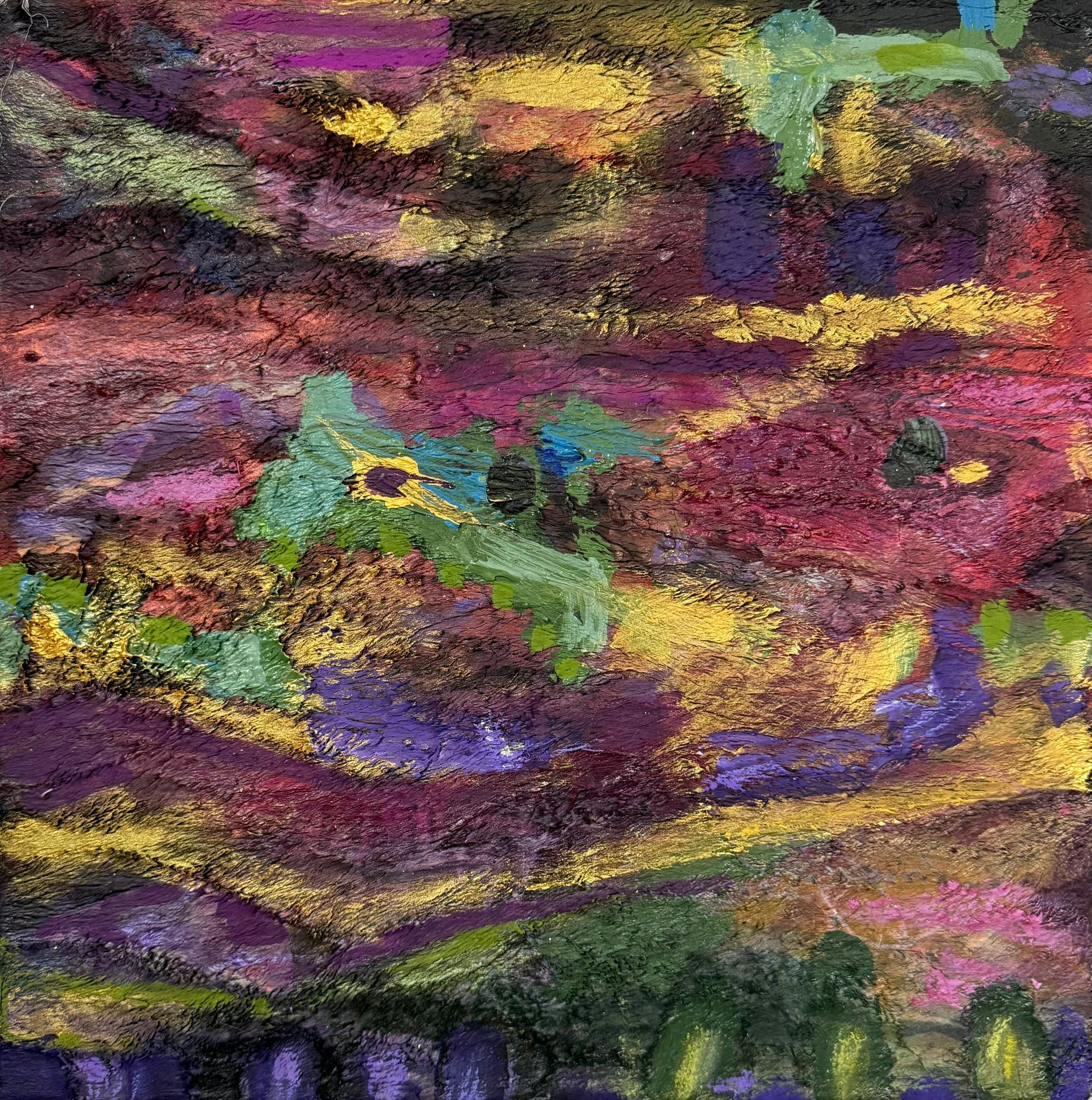Abstract painting with swirling purple, pink, yellow, and green brushstrokes