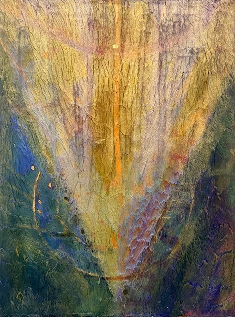 Abstract painting with a gold sun on a textured, colorful background of browns, yellows, blues.