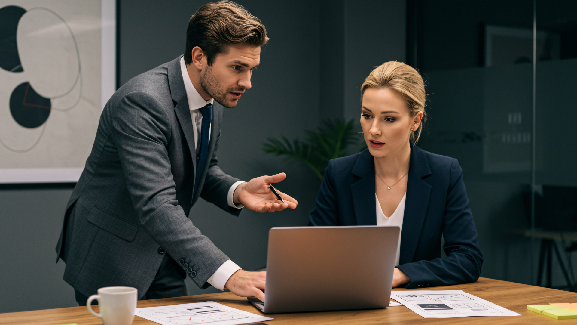 Man in suit smiles, holds tablet, and speaks to woman in business attire at a table in a bright office.