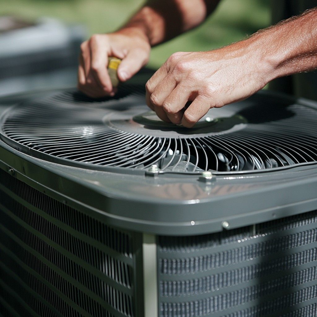 A man is working on an air conditioner with a screwdriver.