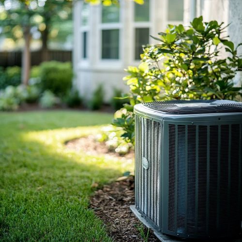 An air conditioner is sitting in the grass in front of a house.