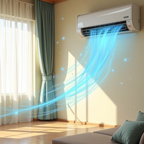 A room with a couch and a window with a air conditioner on the wall.