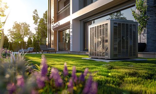 There is a large air conditioner in the backyard of a house.