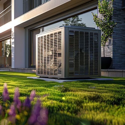 A large air conditioner is sitting in the grass in front of a house.