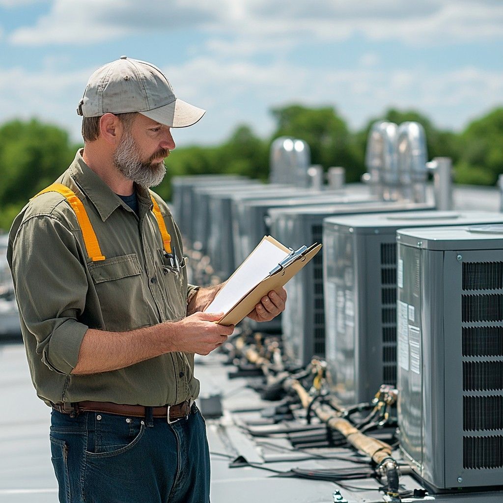 A man is standing on a roof looking at a clipboard.