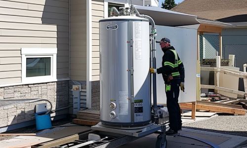 A man is standing next to a large water heater on a trailer.