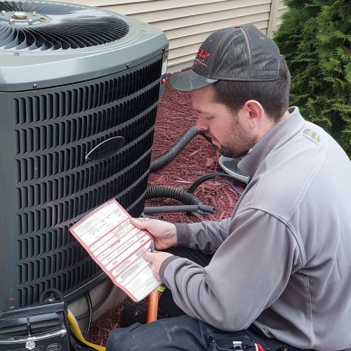 A man is kneeling down in front of an air conditioner holding a piece of paper.