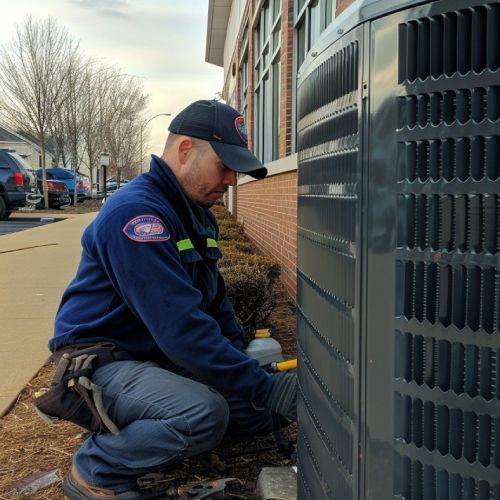 A man is working on an air conditioner outside of a building