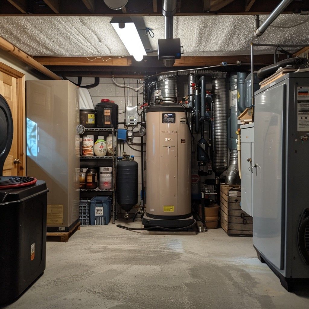 A laundry room with a washer and dryer and a water heater
