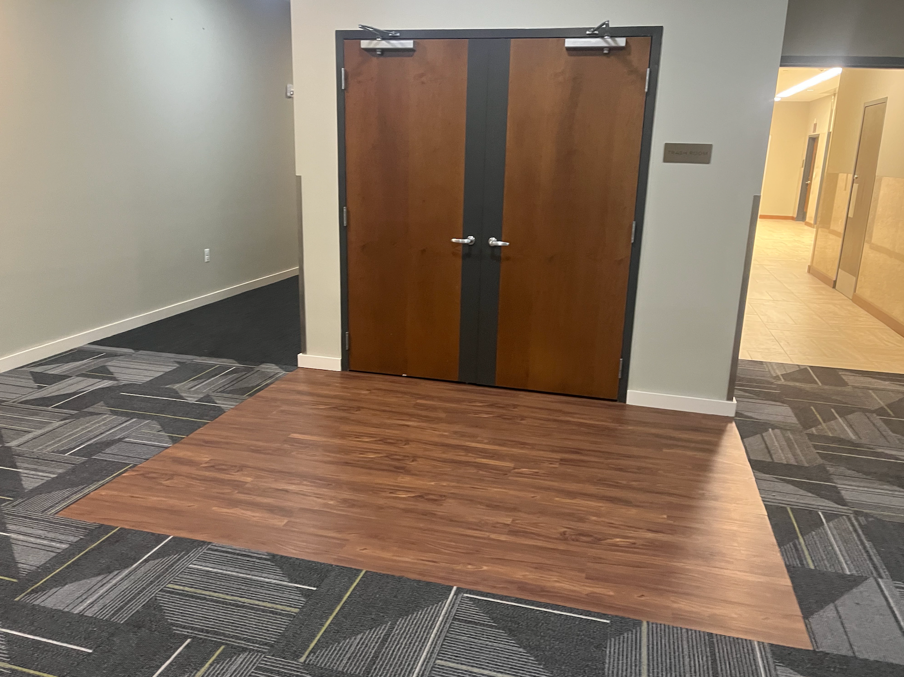 Brown double doors with silver handles. Dark wood-look floor, carpeted entryway.