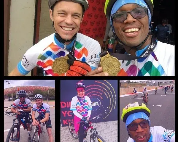 A collage of a man holding a medal and a woman riding a bike