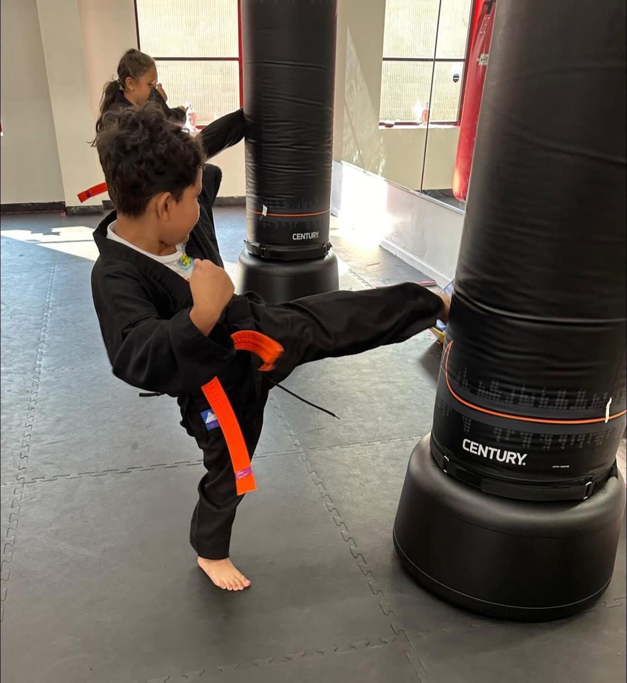 An aerial view of a city skyline at sunset.