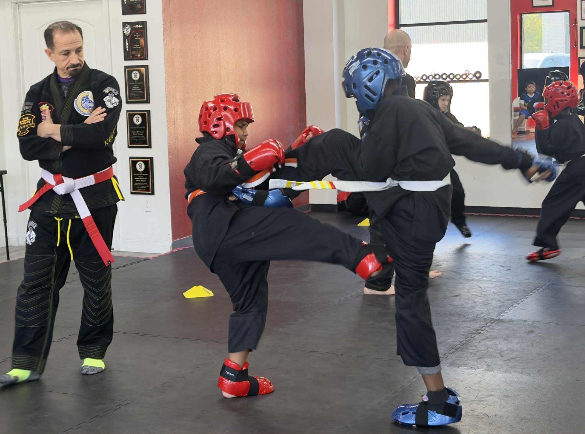 An aerial view of a city skyline at sunset.