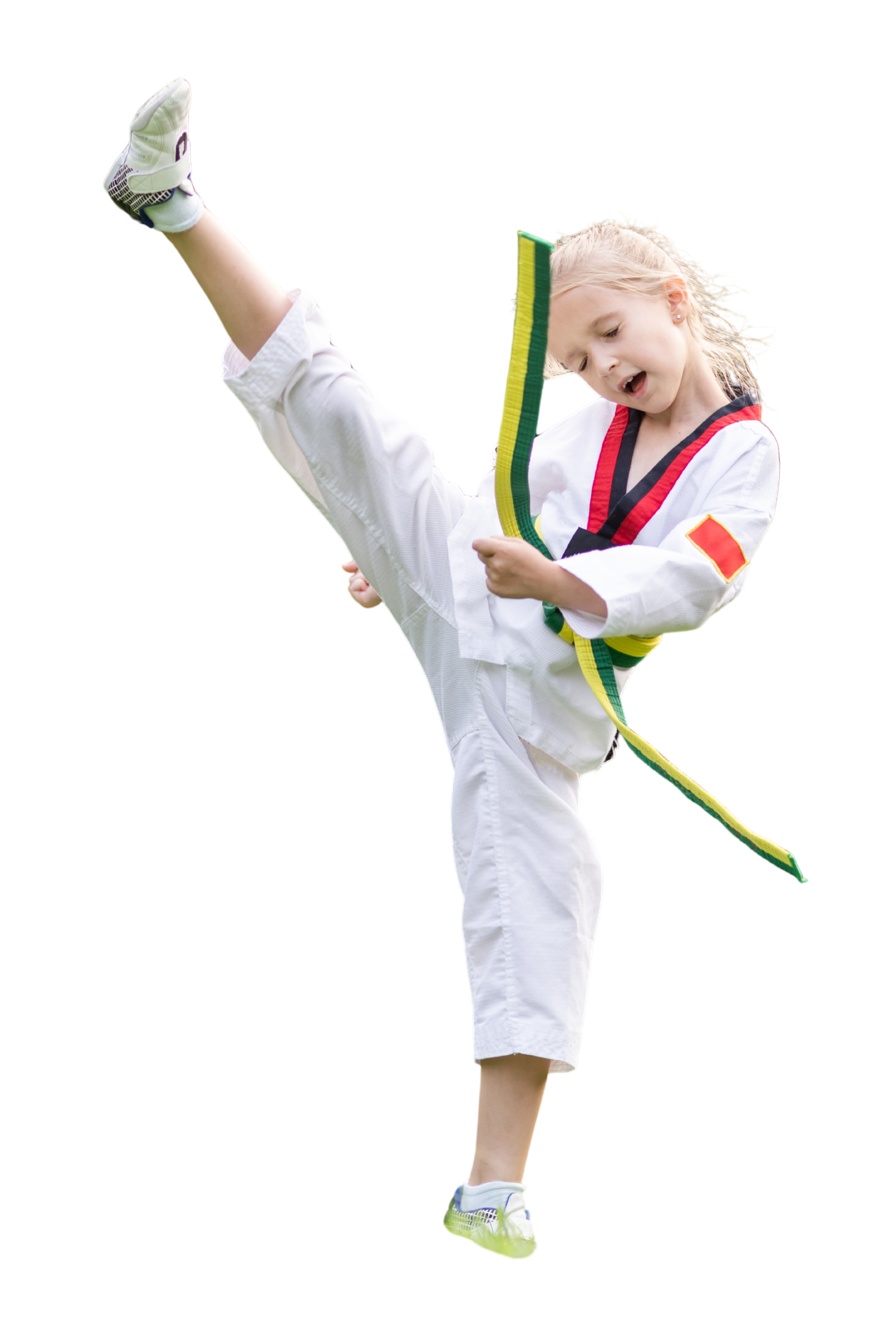 A boy and two girls are wearing karate uniforms and pointing at the camera