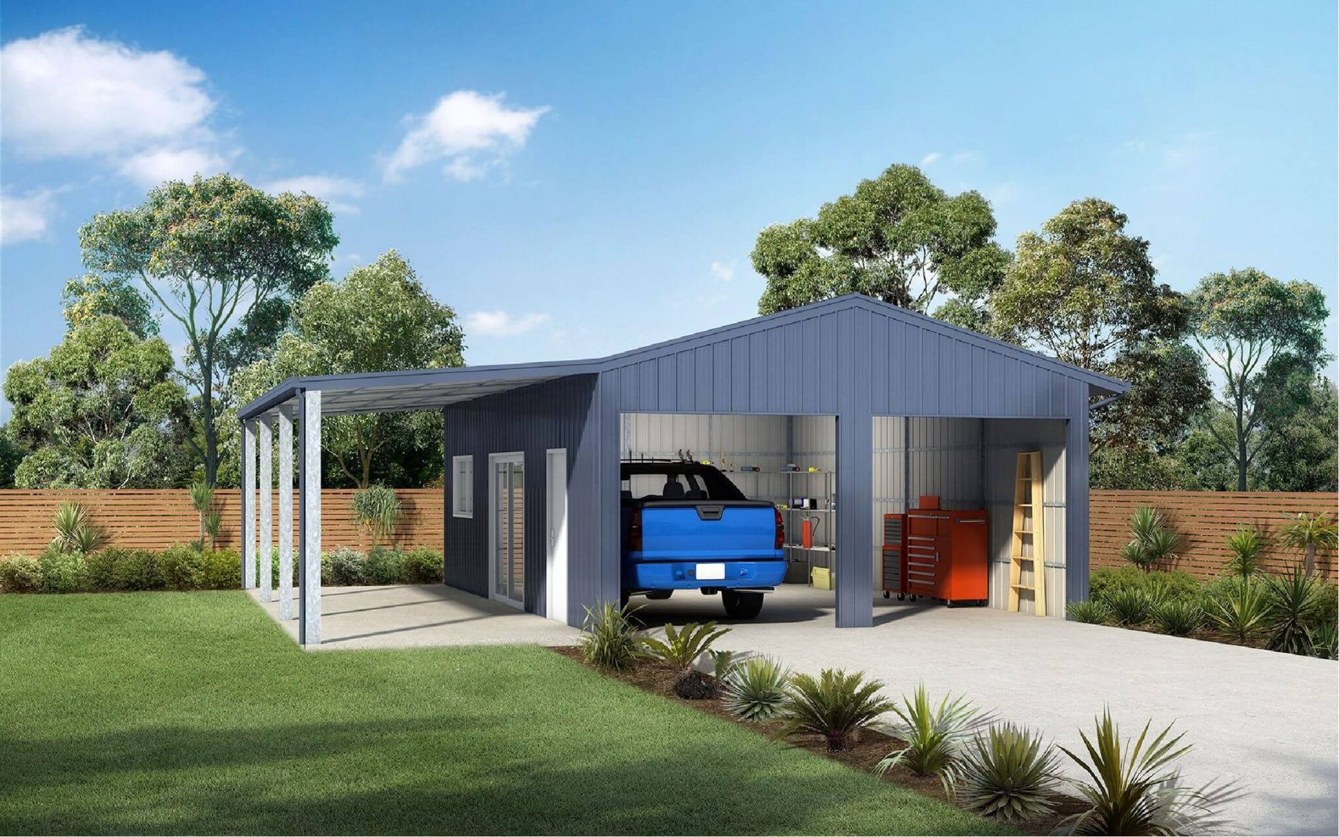 A blue truck is parked in a garage with a canopy.