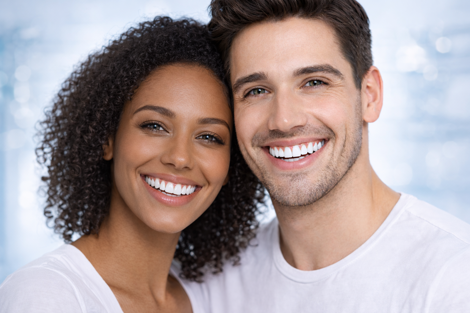 Smiling couple with bright white teeth, close-up, against a soft blue background.