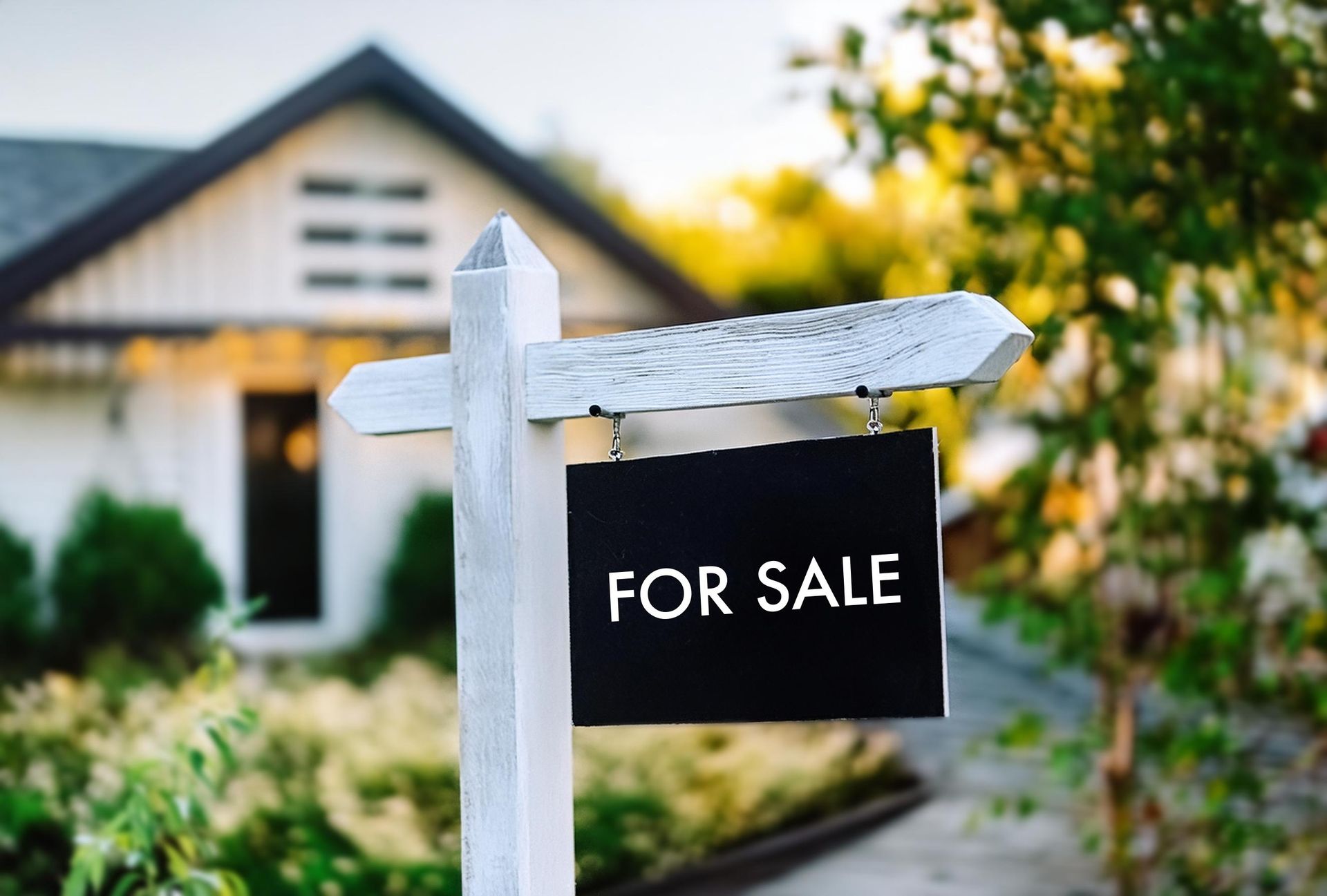 A for sale sign is in front of a house.