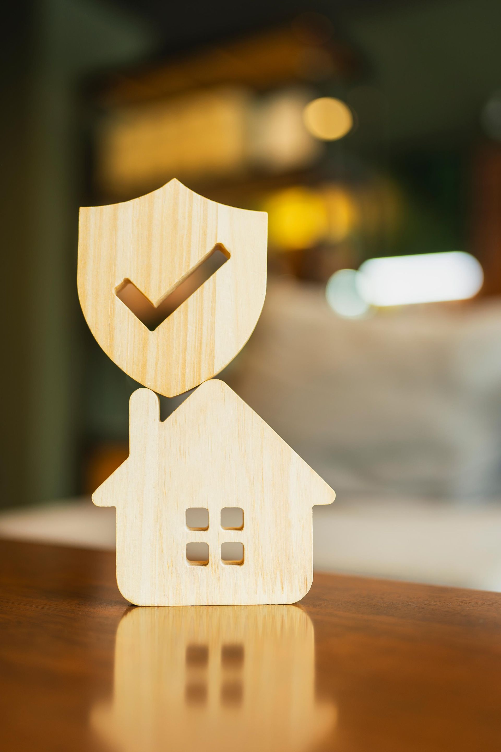 A wooden house with a shield and check mark on top of it.