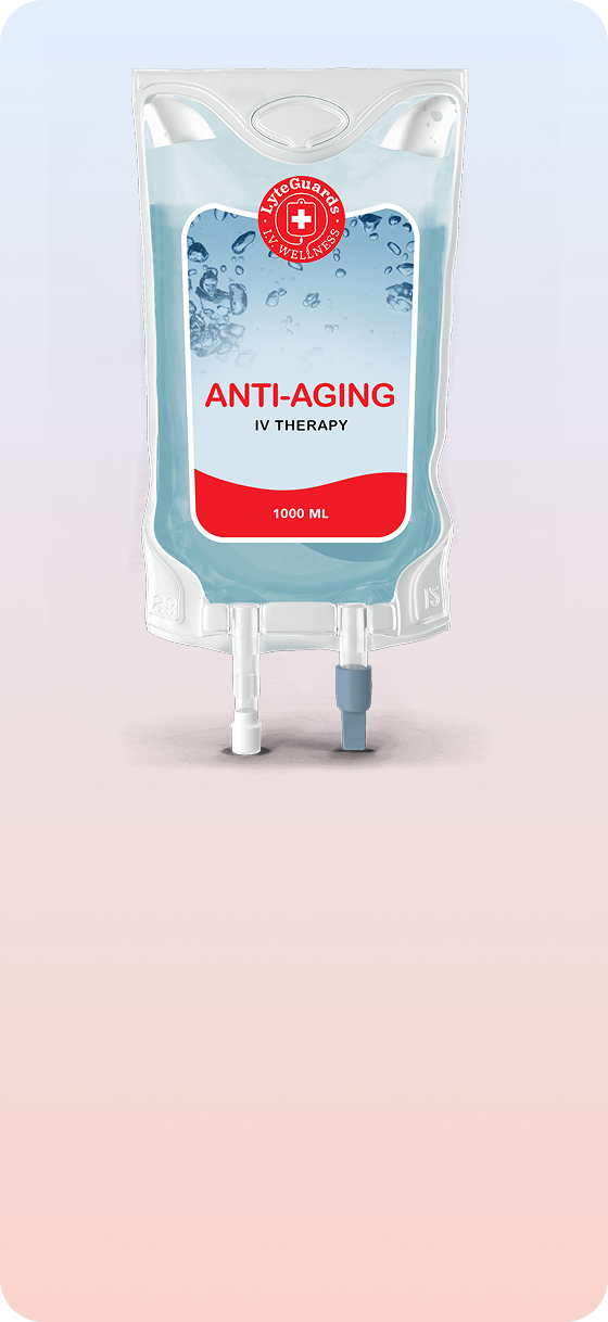A iv bag of anti-aging serum is sitting on a table.