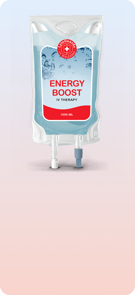 A iv bag of energy boost is sitting on a table.