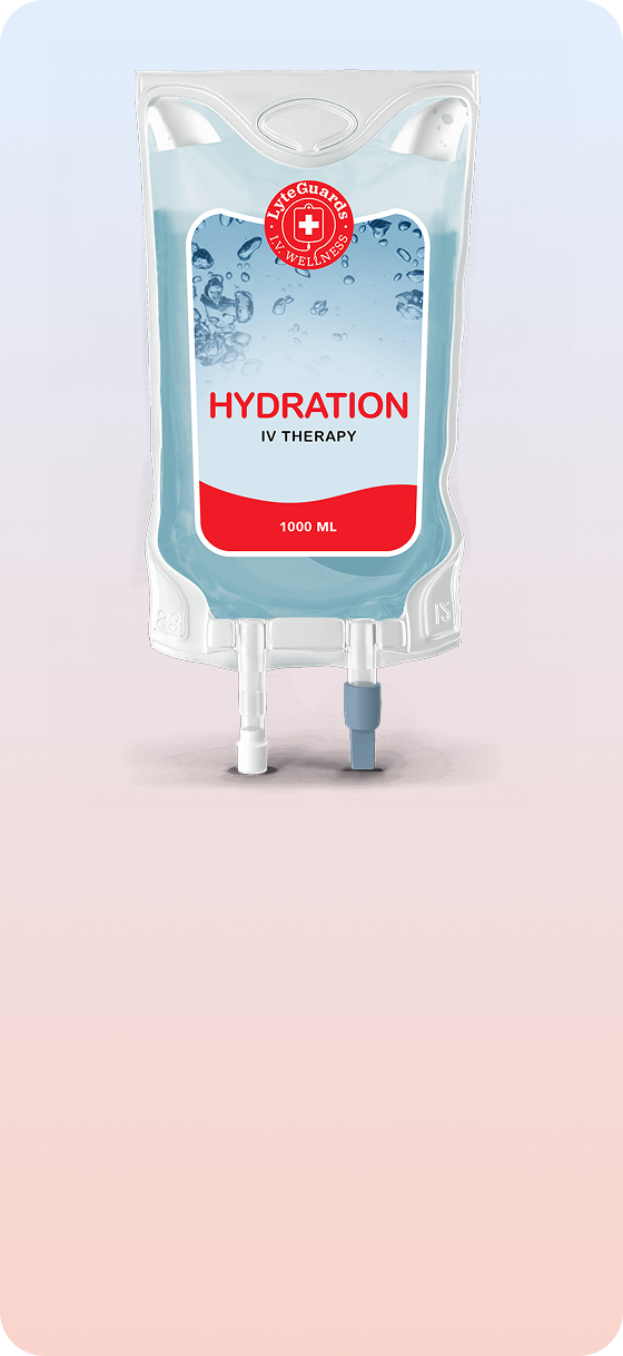 A iv bag of hydration sitting on top of a pink surface.